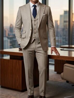 Men's Three-Piece blue Pinstripe Suit in Light Beige
Made in Italy